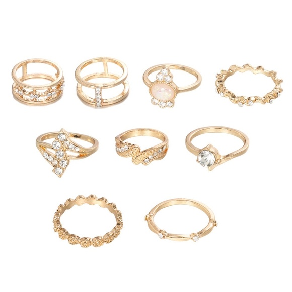**KEILANI* 9-Pc Gold x Rhinestone Fashion Ring Set - Picture 5 of 6